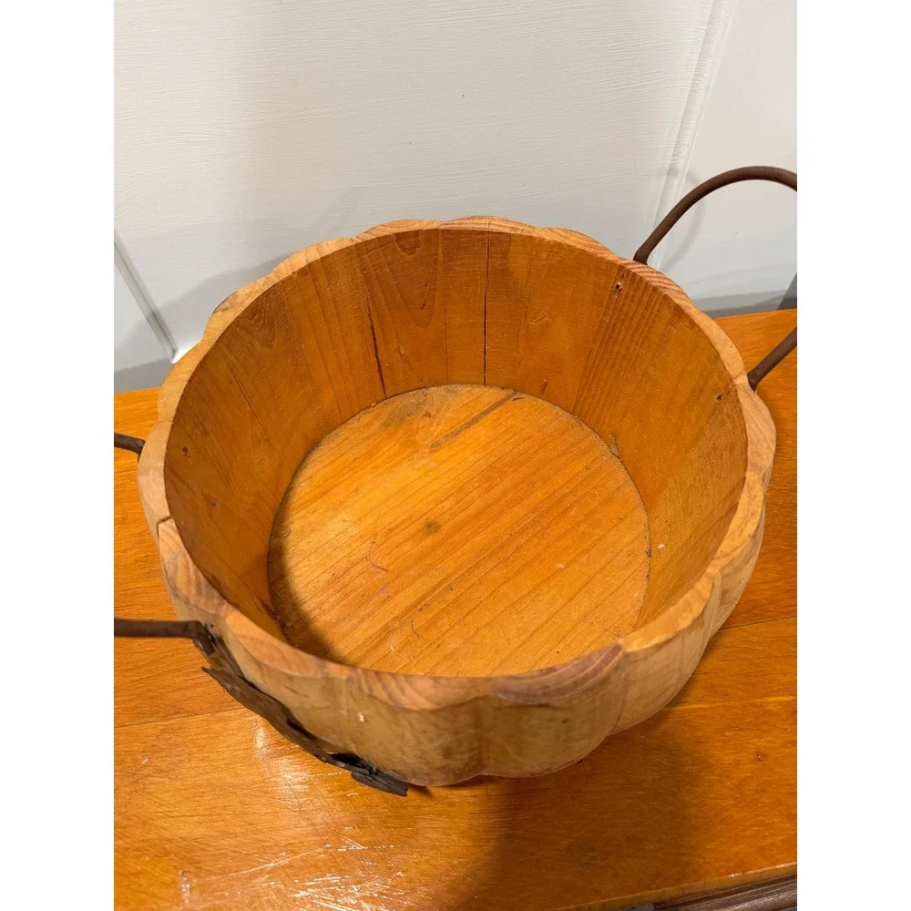 Rustic Carved Wooden Pumpkin Bowl Centerpiece with Metal Handles Fall Decor